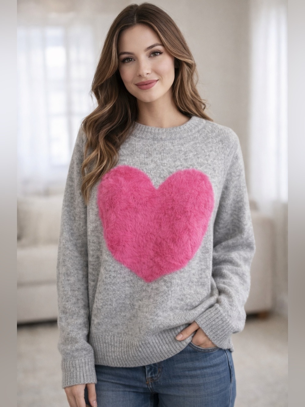 Old Navy SoSoft Crew Neck Sweater Sz L Bobble Heart Vibrant Pink Valentine